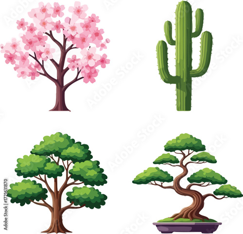 Four tree species, including cherry blossom, saguaro, oak, and bonsai 