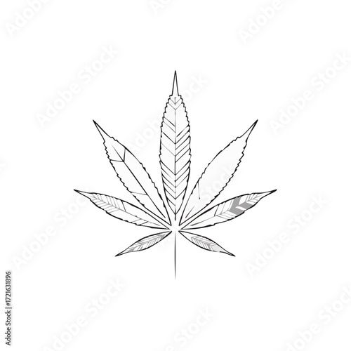 Stylized cannabis leaf with decorative patterns. Line art vector illustration of marijuana plant.