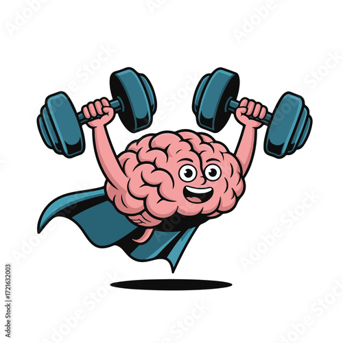 Cartoon brain character with a blue cape lifting two dumbbells, isolated on white background technology background