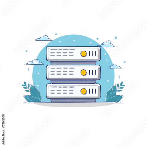 Cartoon illustration of server racks with cloud elements, modern technology.