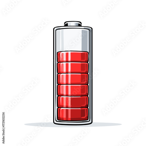 Illustration of Full Battery Charging Level with Red Bars Indicating Energy Storage Capacity and Power Status