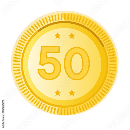 Golden commemorative coin with the number 50 and stars symbol