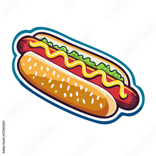 Classic American hot dog with mustard and green relish in a sesame seed bun cartoon illustration