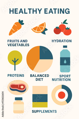 Healthy Eating Infographic Featuring Fruits, Vegetables, Hydration, Proteins, And Supplements