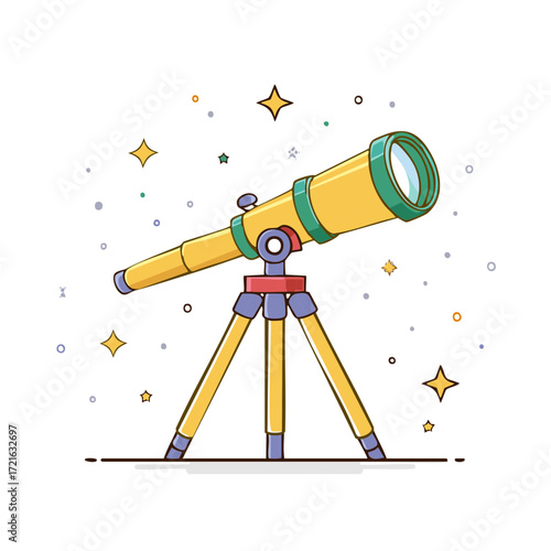 Yellow cartoon telescope on a tripod surrounded by stars for astronomy and stargazing illustration