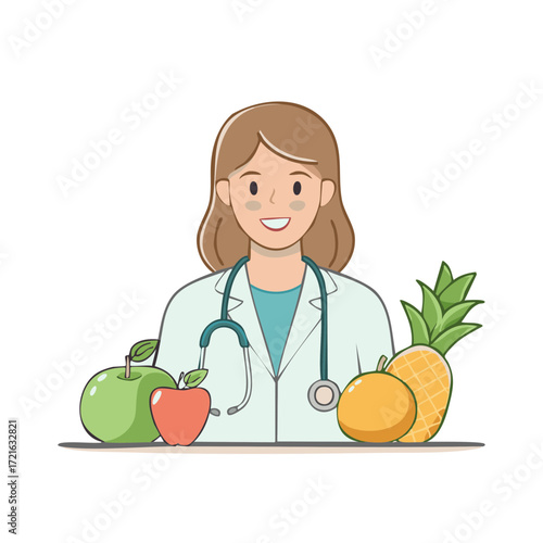 Female doctor nutritionist with fresh fruits promoting a healthy diet and wellness.