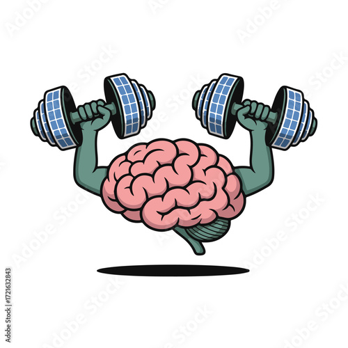 Cartoon brain lifting weights isolated on white background technology background