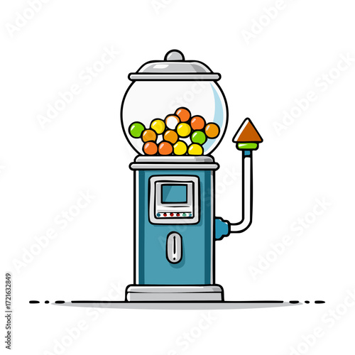 Cartoon Gumball Machine with Colorful Gumballs, Coin Slot and Candy Dispenser Isolated