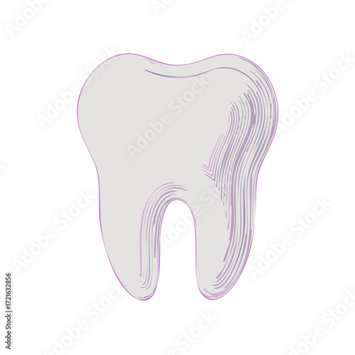 Stylized drawing of a single human molar tooth with purple outline and etched texture