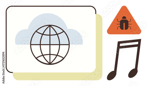 Globe in a cloud reflects internet access, paired with a warning triangle featuring a bug and music notes. Ideal for internet safety, cybersecurity, data sharing, global connectivity, network