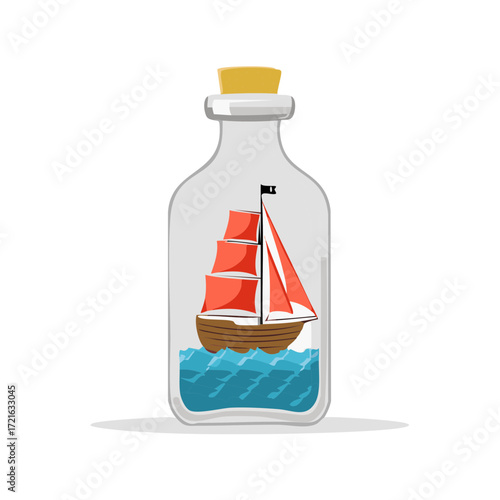 Sailing Ship with Red Sails Trapped Inside a Glass Bottle on Wavy Blue Water