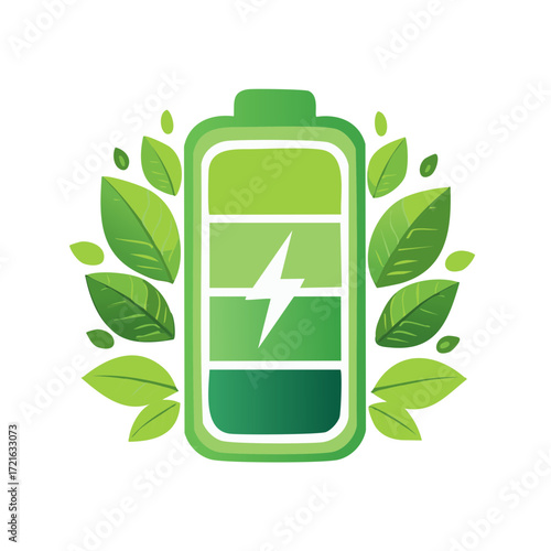Green battery charging icon with leaves symbolizing sustainable and eco friendly energy