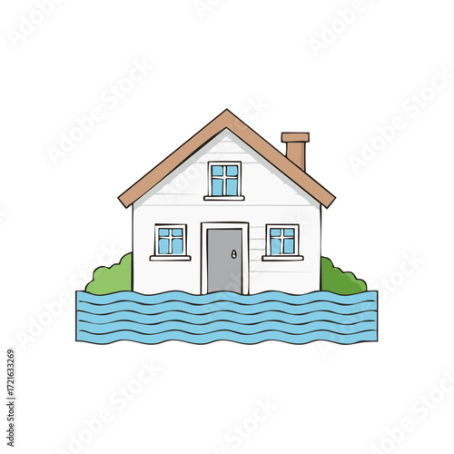 House Flooded With Water Natural Disaster Climate Change Concept Illustration