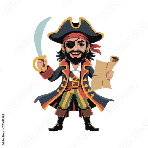 Cartoon pirate with a sword and treasure map, isolated on white background technology background
