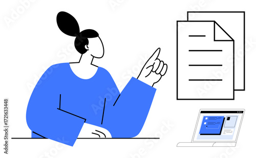 Woman pointing towards documents and laptop with report interface. Ideal for remote work, planning, education, content review, digital tools, organization, and productivity themes. Simple flat
