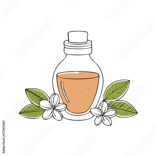 Hand drawn illustration of frangipani essential oil in a glass bottle with flowers and leaves for aromatherapy.