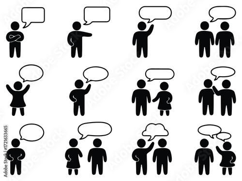 Diverse group of people communicating, speech bubbles, simple black and white vector design, conversation and dialogue symbols, social interaction and community graphic elements