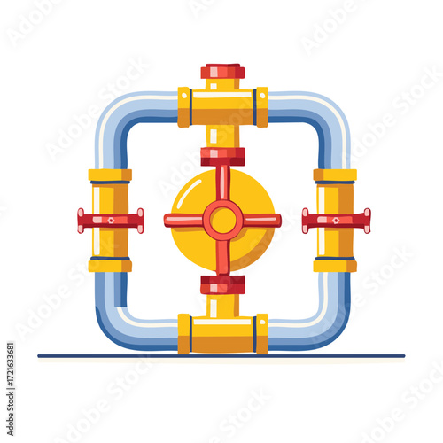 Industrial plumbing system with yellow pipes red valves and central pump illustration