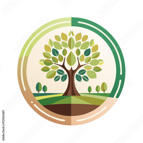 Stylized circular emblem showcasing a flourishing tree on rolling hills, symbolizing growth, nature, and sustainability.