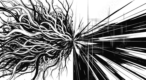 Dynamic black and white abstract illustration: intricate organic roots intertwine with linear geometric speed and depth