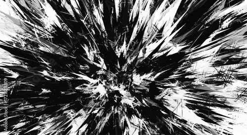 Dynamic abstract black and white explosion. Monochromatic burst of shattered fragments, high-contrast fractured background texture.