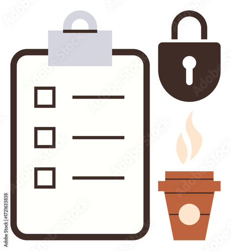 Clipboard with checklist, padlock for privacy, coffee cup symbolizing focus and energy. Ideal for productivity, workflow, security, planning, organization time management focus. Simple flat