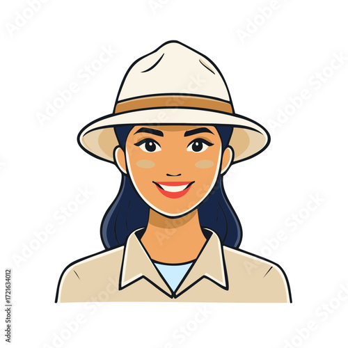 Cartoon portrait of a smiling female adventurer in a safari hat