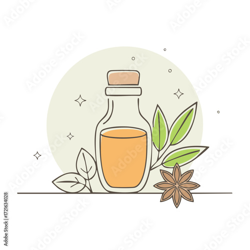 Essential oil bottle with leaves and star anise for aromatherapy concept illustration