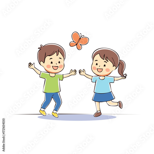 Two children reach for butterfly, happy kids playing outdoors