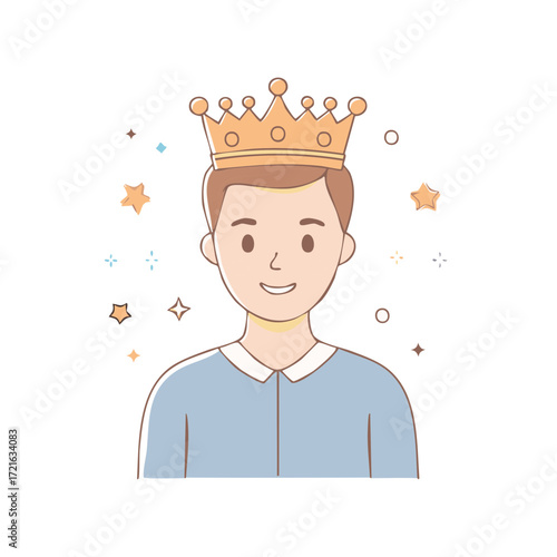 Cartoon Portrait of Boy Wearing a Crown Surrounded by Sparkles and Stars