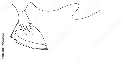 Continuous line drawing of a hand holding an iron.Suitable for laundry service concepts, clothing care, household chores, garment maintenance, home appliance design, and cleanliness themes.