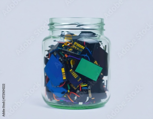 Electronic waste components in glass jar, isolated background