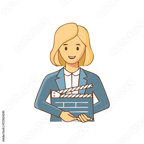 Cartoon woman holding a movie clapperboard in studio filming production