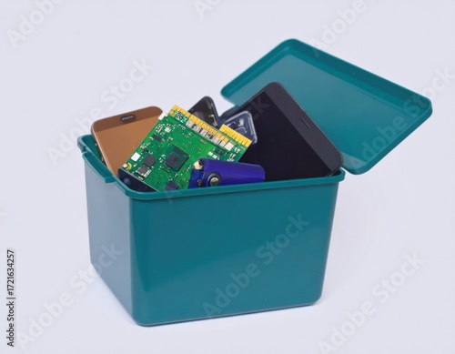 Electronic waste in recycling container with smartphones and circuit board