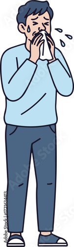 Full-Length Medical Illustration of Person Sneezing With Runny Nose