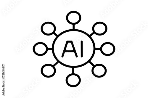 This image shows a simple line icon representing Artificial Intelligence (AI). At the center, there is a large circle with the letters “AI”, symbolizing artificial intelligence