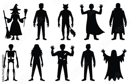 Halloween silhouettes of witch, werewolf, vampire, ghost, skeleton, and zombie, spooky season fun, black vector illustration, horror and scary symbols, festive and costume design elements