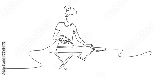 Continuous line illustration of a woman ironing clothes on board. One line drawing style representing housework, laundry, home chores, and minimal lifestyle.
