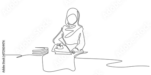Continuous line illustration of a woman in hijab ironing clothes with folded laundry on the side. One line drawing style showing housework, home chores, daily routine, and minimal lifestyle.