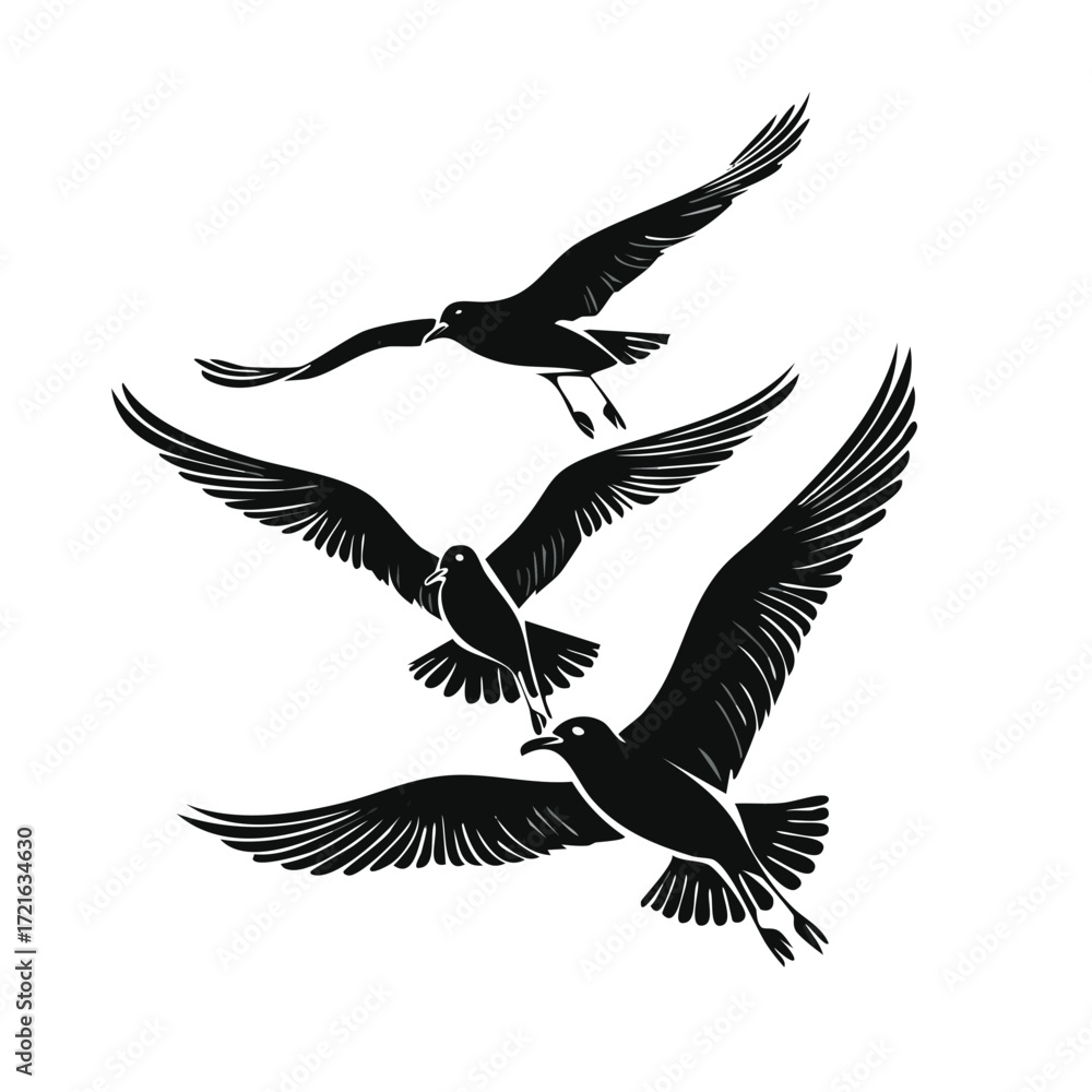 Obraz premium Flock of Flying Seagulls Black Silhouette Vector Illustration Graphic Design