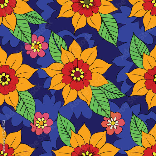 Seamless Pattern of Stylized Flowers and Leaves on a Dark Blue Background floral