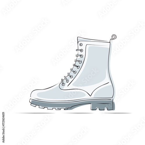 Side view of a laced boot in grey tones with simple line art style drawing, providing versatility for fashion or apparel design
