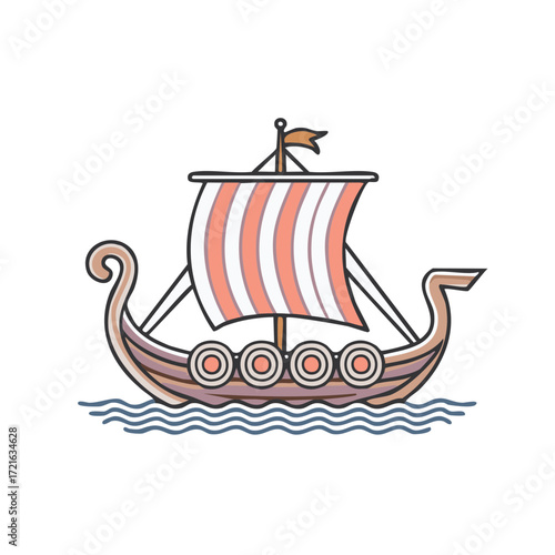Historical Viking Longship Navigating Water with Distinctive Striped Sail and Decorative Shields