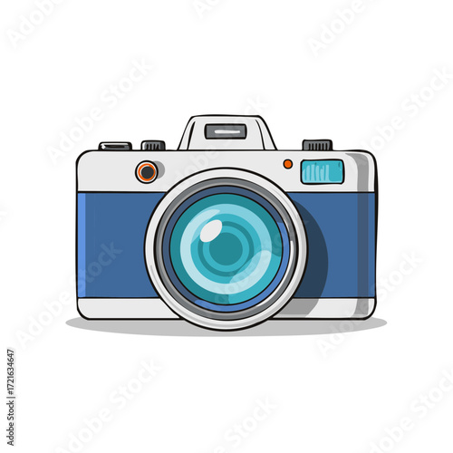 Retro camera illustration, photographic equipment with lens in blue and white color, drawing style, vector