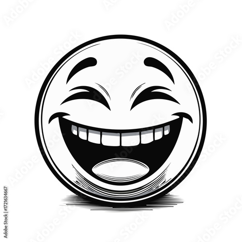 Joyful black and white cartoon emoji icon laughing with a wide open mouth and closed eyes