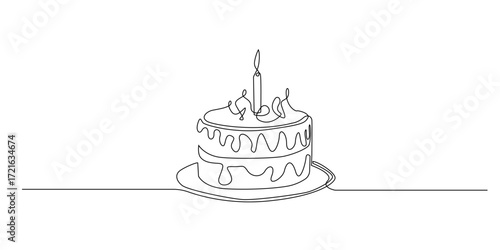 Continuous line illustration of a birthday cake with candles on top. One line drawing style symbolizing celebration, party, sweet dessert, anniversary, happiness, and festive moment.