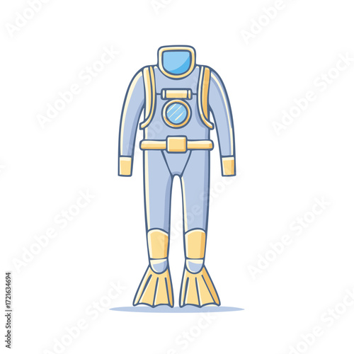 Illustration of a vintage deep sea diving suit with helmet and fins for underwater exploration