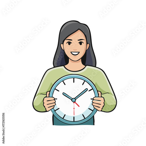 Happy cartoon woman holding a round clock illustration for scheduling and deadlines