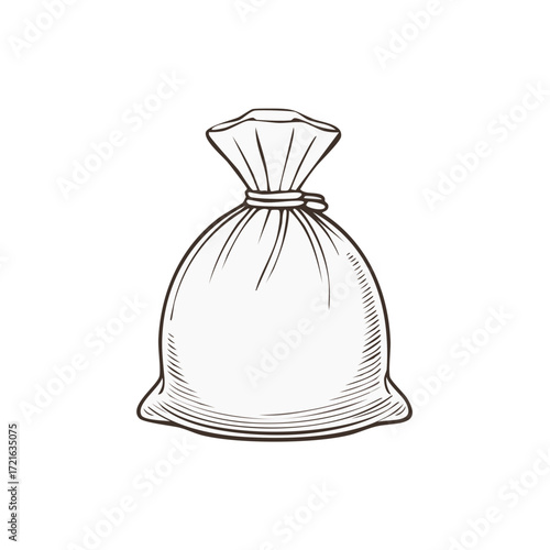 Illustration of a simple sack or bag, tied with string, a sketch style drawing, useful for storage and packaging illustration