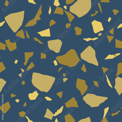 Seamless Terrazzo Pattern with Irregular Gold and Yellow Chips on Dark Blue Background texture